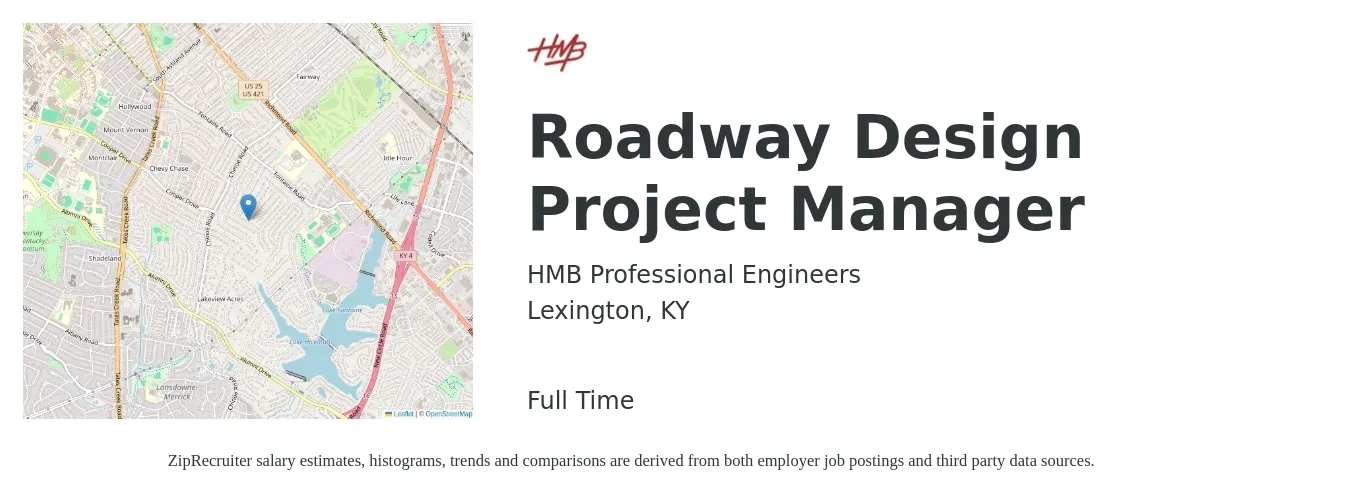 HMB Professional Engineers job posting for a Roadway Design Project Manager in Lexington, KY with a salary of $70,100 to $123,200 Yearly with a map of Lexington location.