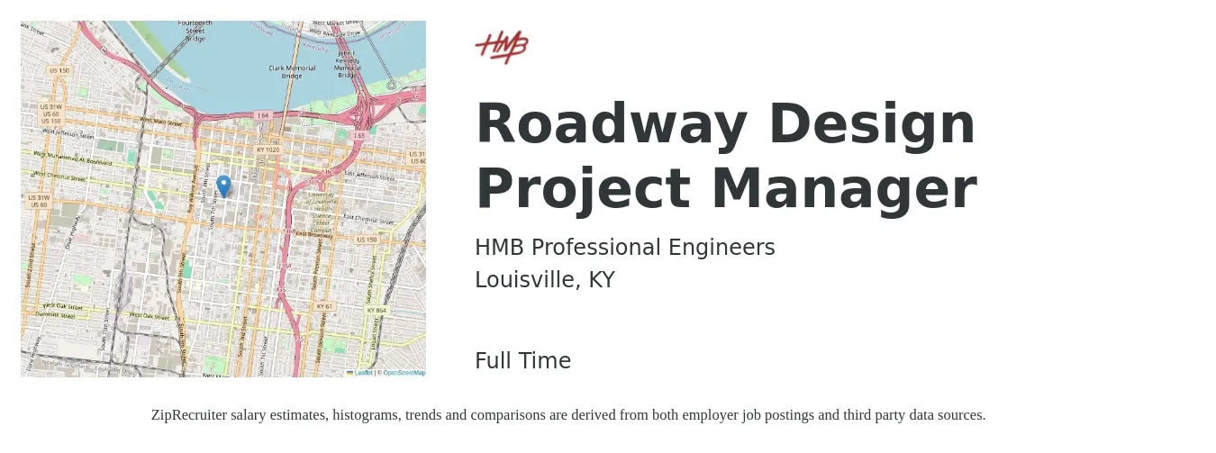 HMB Professional Engineers job posting for a Roadway Design Project Manager in Louisville, KY with a salary of $67,700 to $119,100 Yearly with a map of Louisville location.