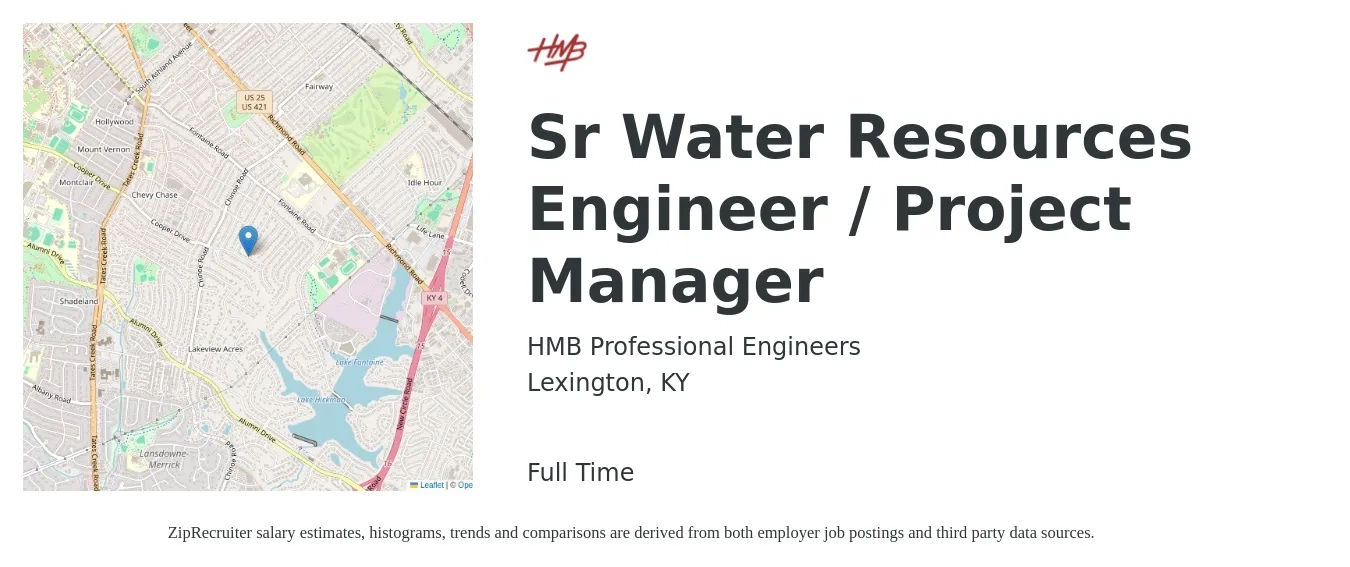 HMB Professional Engineers job posting for a Sr Water Resources Engineer / Project Manager in Lexington, KY with a salary of $94,900 to $136,200 Yearly with a map of Lexington location.