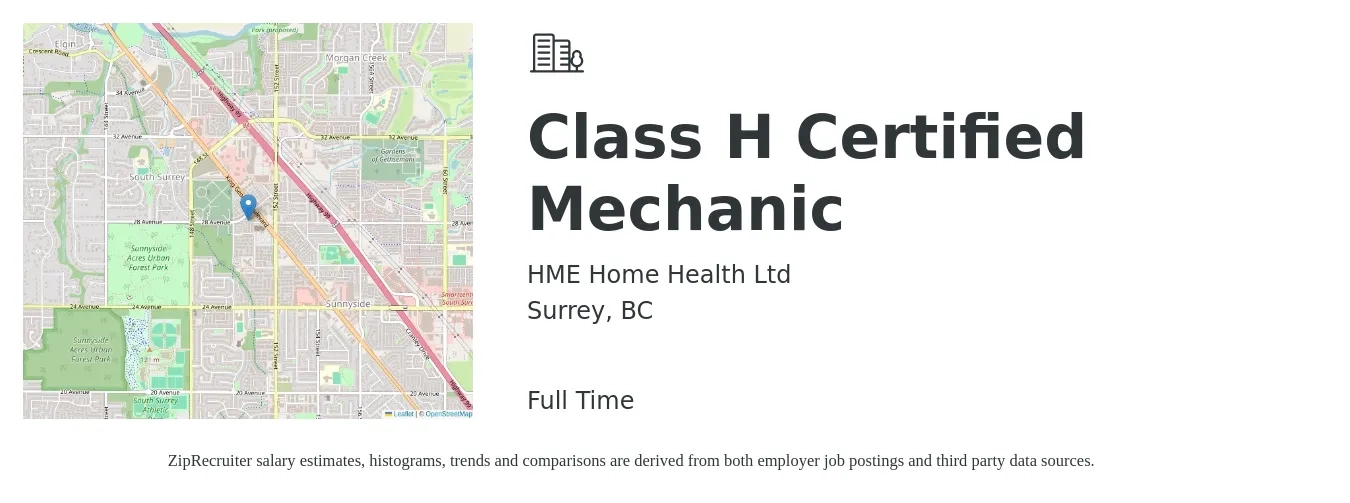 HME Home Health Ltd job posting for a Class H Certified Mechanic in Surrey, BC with a salary of $85,000 to $100,000 Yearly with a map of Surrey location.