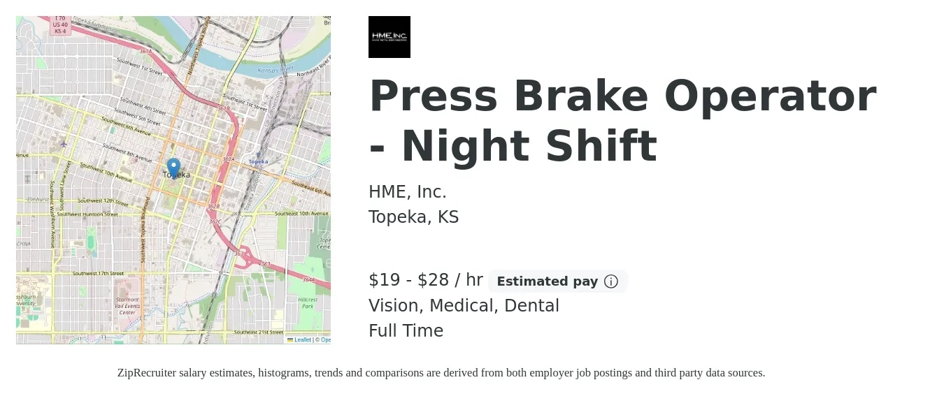 HME, Inc. job posting for a Press Brake Operator - Night Shift in Topeka, KS with a salary of $20 to $30 Hourly and benefits including dental, life_insurance, medical, pto, retirement, and vision with a map of Topeka location.