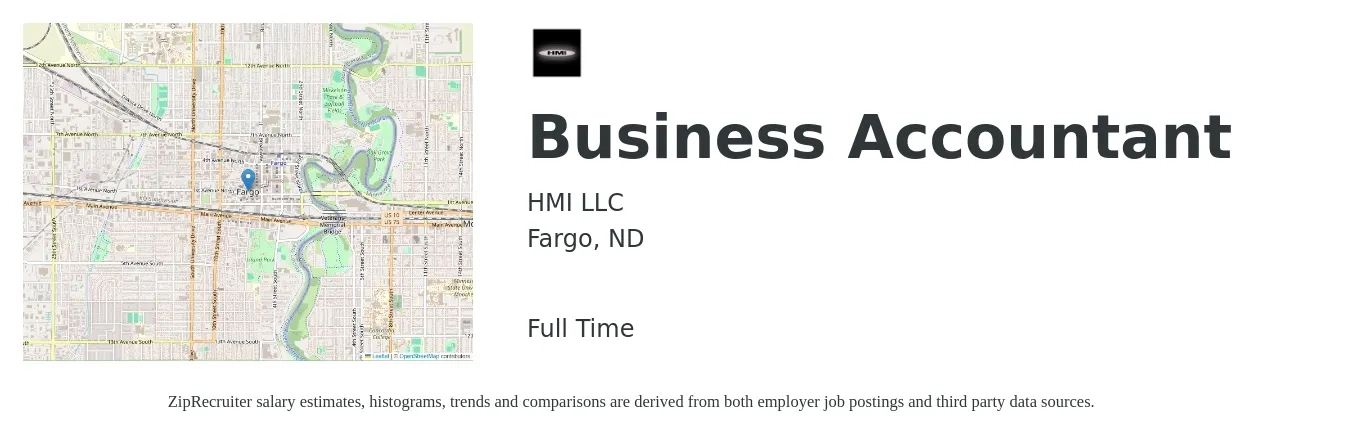 HMI LLC job posting for a Business Accountant in Fargo, ND with a salary of $52,500 to $77,100 Yearly with a map of Fargo location.
