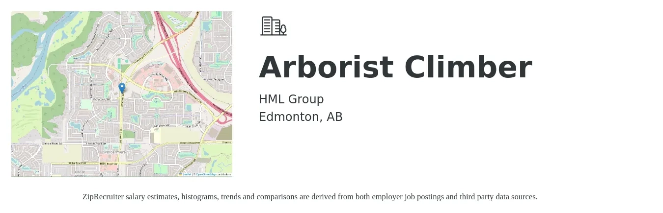 HML Group job posting for a Arborist Climber in Edmonton, AB with a salary of $33 to $35 Hourly with a map of Edmonton location.