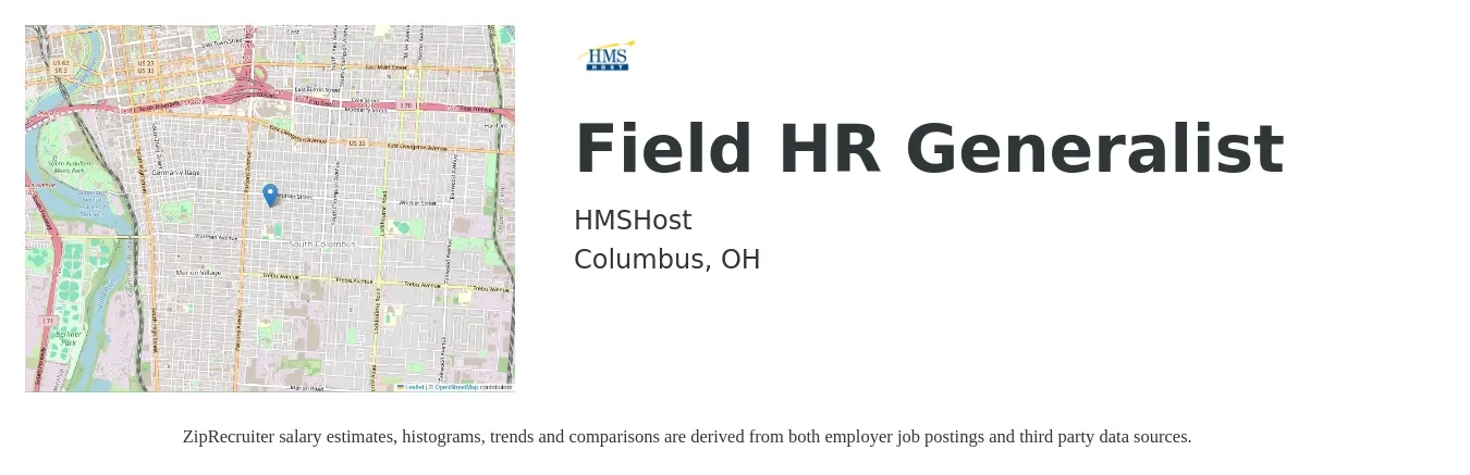 HMSHost job posting for a Field HR Generalist in Columbus, OH with a salary of $48,800 to $69,500 Yearly with a map of Columbus location.