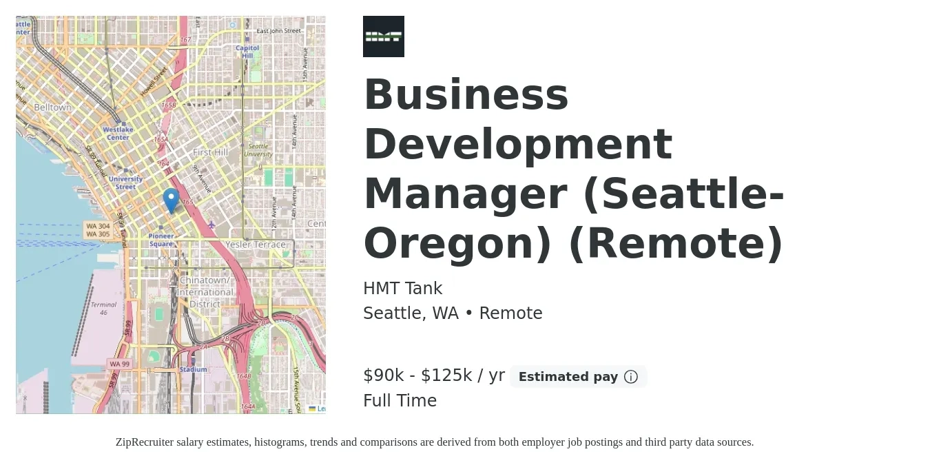 HMT Tank job posting for a Business Development Manager (Seattle-Oregon) (Remote) in Seattle, WA with a salary of $90,000 to $125,000 Yearly with a map of Seattle location.