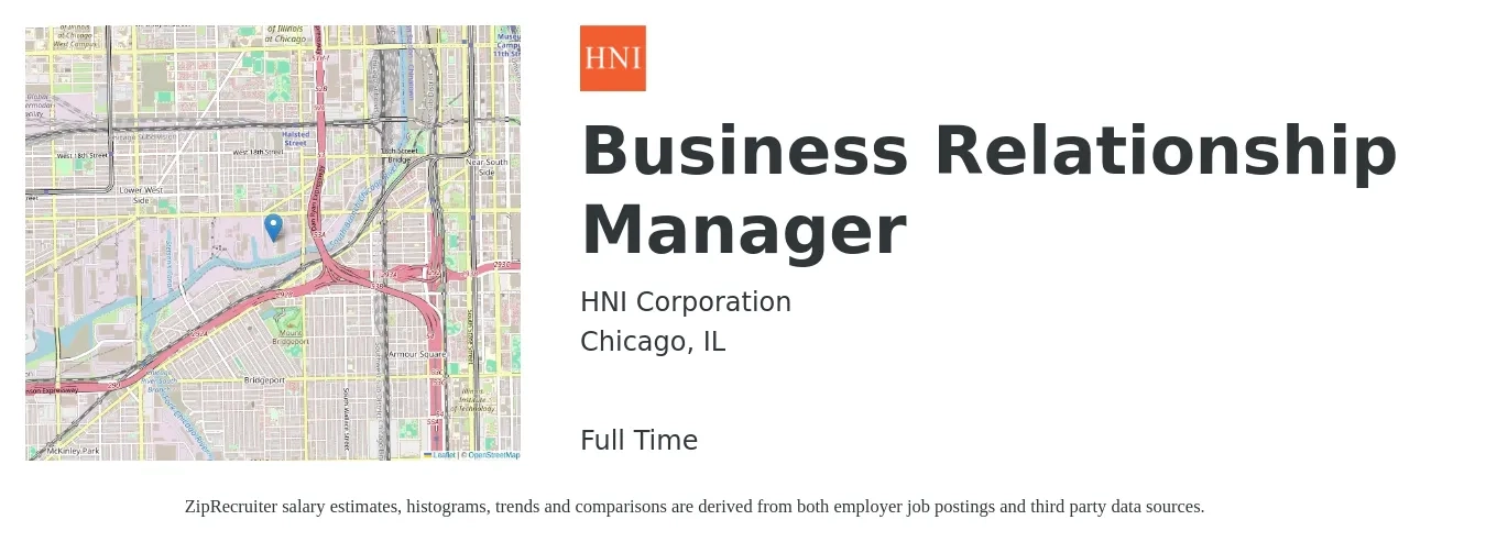HNI Corporation job posting for a Business Relationship Manager in Chicago, IL with a salary of $70,600 to $136,600 Yearly with a map of Chicago location.