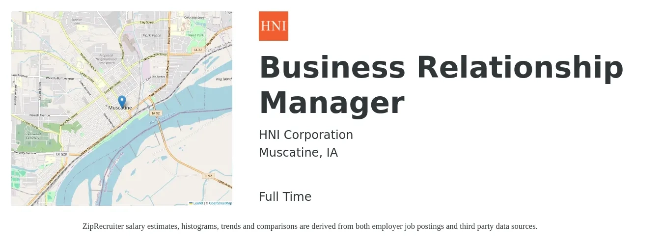 HNI Corporation job posting for a Business Relationship Manager in Muscatine, IA with a salary of $64,300 to $124,400 Yearly with a map of Muscatine location.