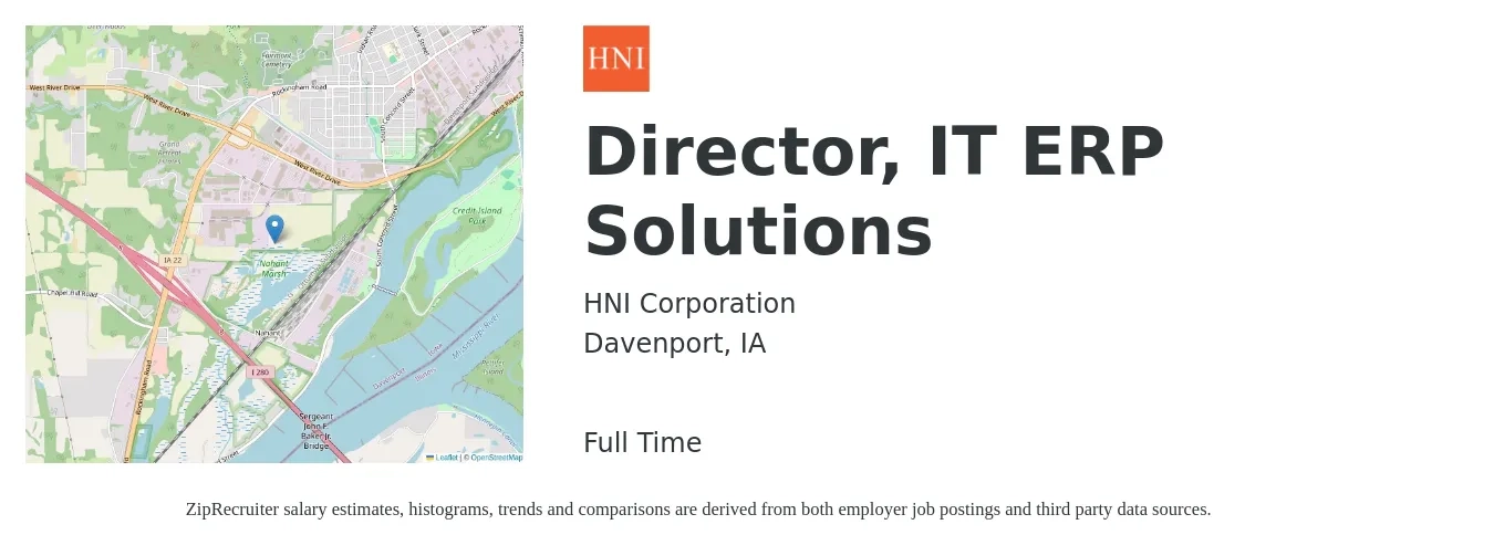 HNI Corporation job posting for a Director, IT ERP Solutions in Davenport, IA with a salary of $88,700 to $130,200 Yearly with a map of Davenport location.