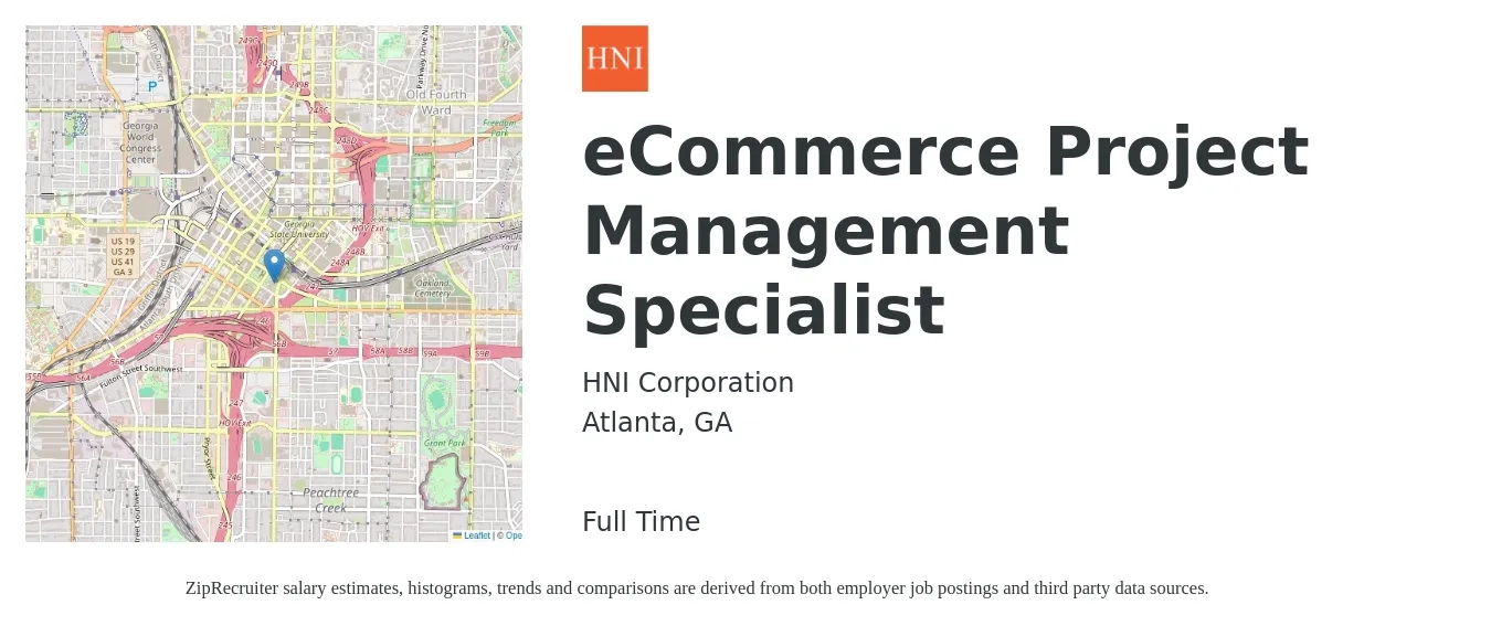 HNI Corporation job posting for a eCommerce Project Management Specialist in Atlanta, GA with a salary of $36,100 to $63,500 Yearly with a map of Atlanta location.