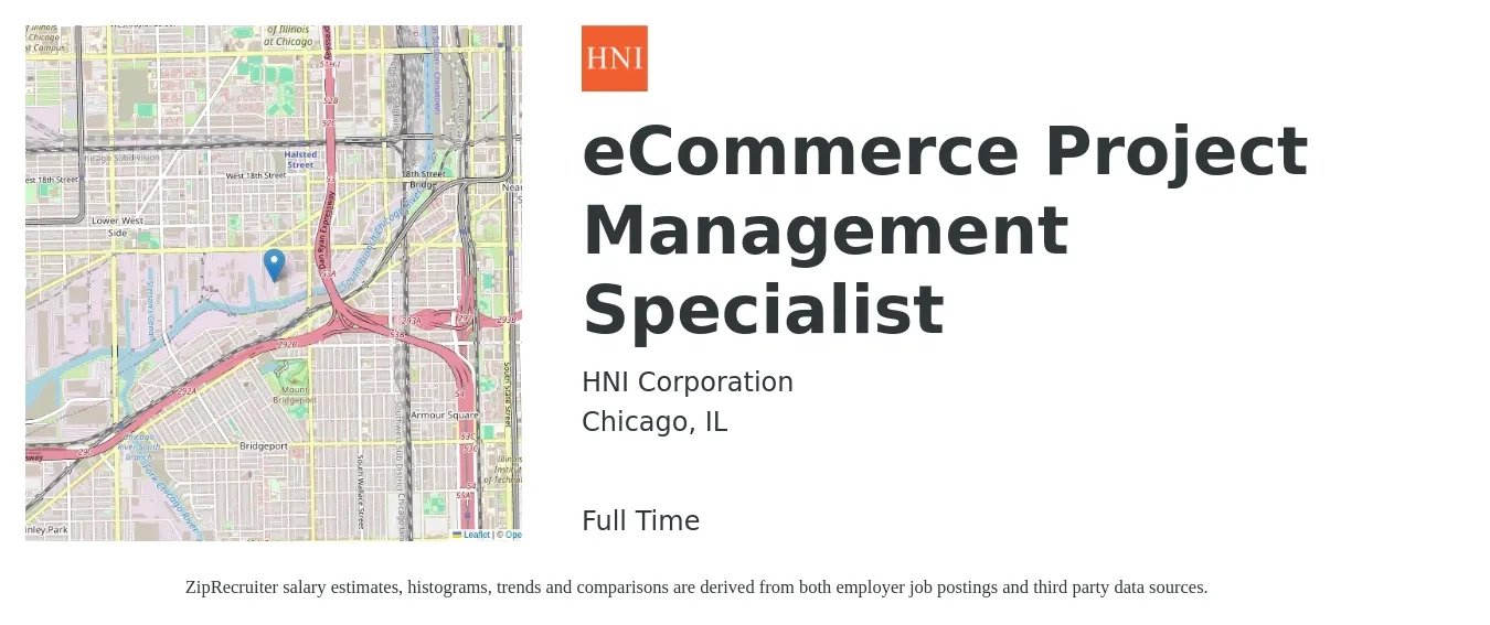 HNI Corporation job posting for a eCommerce Project Management Specialist in Chicago, IL with a salary of $38,700 to $68,000 Yearly with a map of Chicago location.