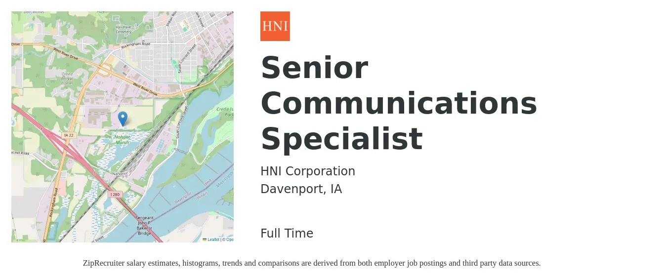 HNI Corporation job posting for a Senior Communications Specialist in Davenport, IA with a salary of $54,300 to $81,700 Yearly with a map of Davenport location.