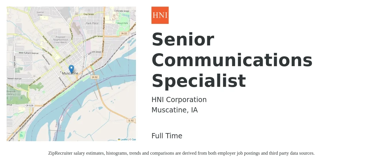 HNI Corporation job posting for a Senior Communications Specialist in Muscatine, IA with a salary of $61,500 to $92,400 Yearly with a map of Muscatine location.