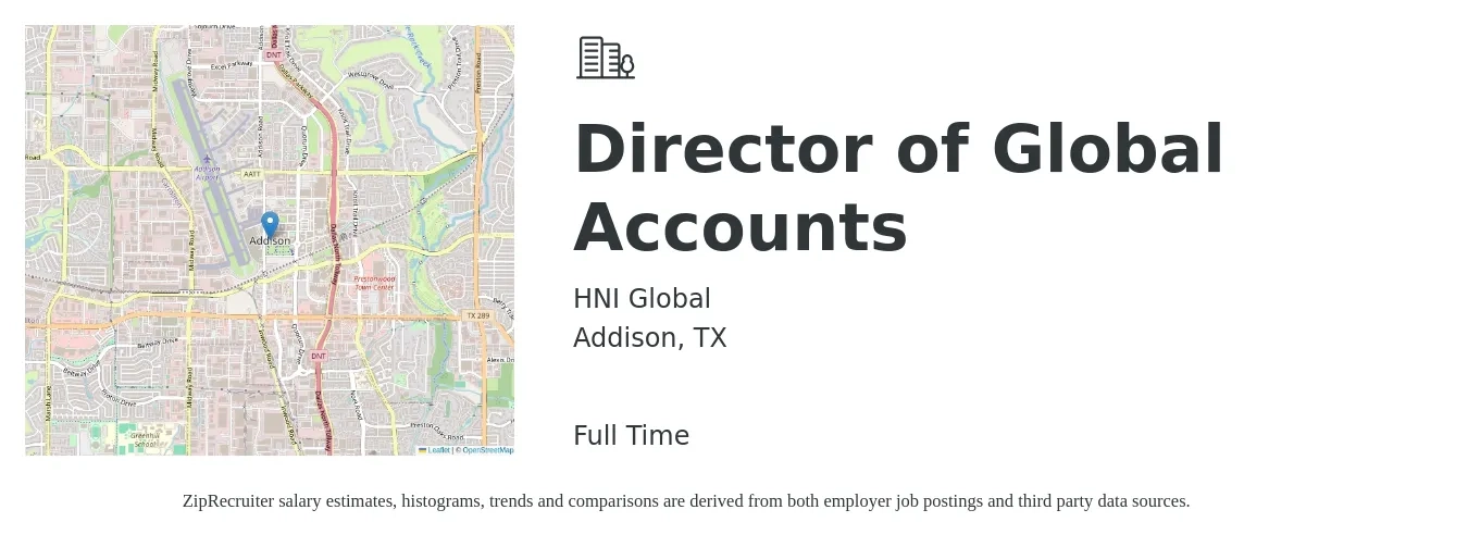 HNI Global job posting for a Director of Global Accounts in Addison, TX with a salary of $92,000 to $118,600 Yearly with a map of Addison location.