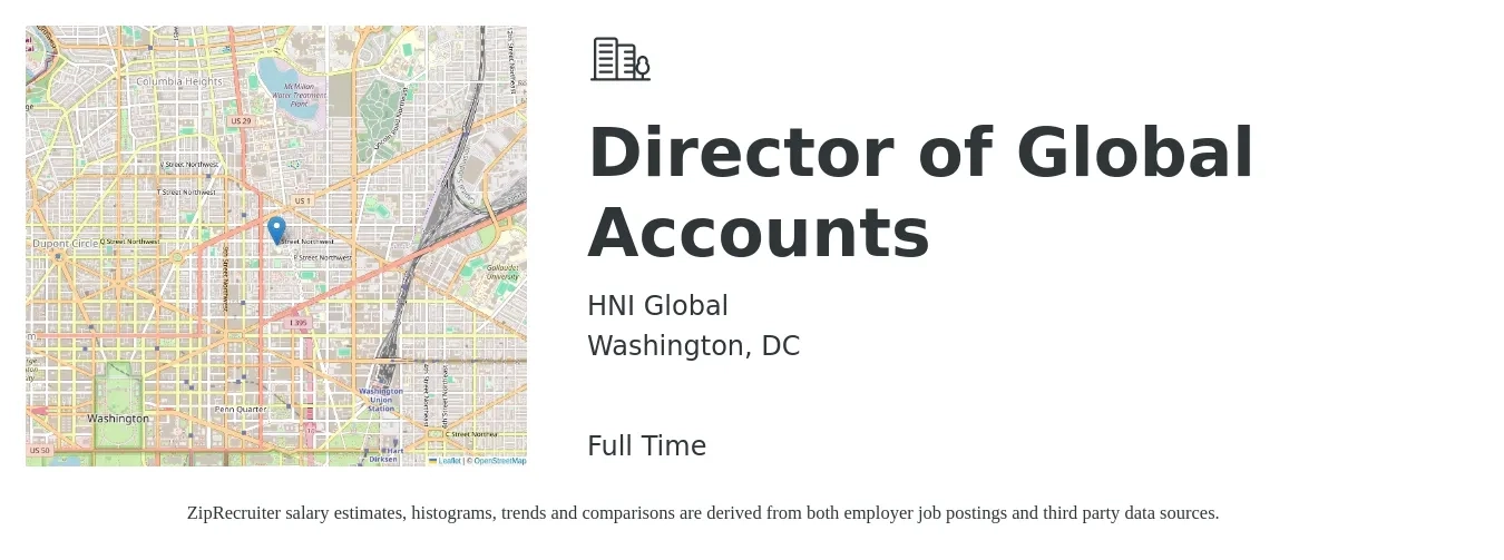 HNI Global job posting for a Director of Global Accounts in Washington, DC with a salary of $107,200 to $138,200 Yearly with a map of Washington location.