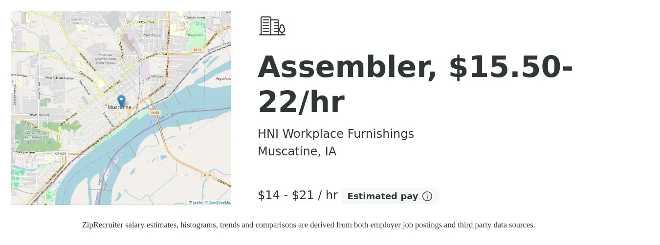 HNI Workplace Furnishings job posting for a Assembler, $15.50-22/hr in Muscatine, IA with a salary of $16 to $22 Hourly with a map of Muscatine location.