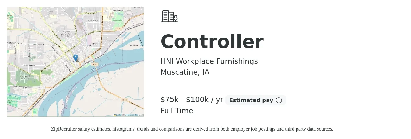HNI Workplace Furnishings job posting for a Controller in Muscatine, IA with a salary of $75,000 to $100,000 Yearly with a map of Muscatine location.