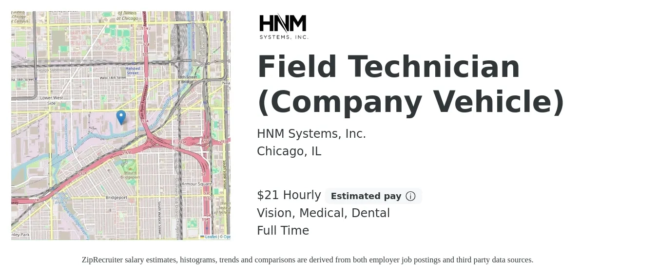 HNM Systems, Inc. job posting for a Field Technician (Company Vehicle) in Chicago, IL with a salary of $22 Hourly and benefits including dental, medical, retirement, and vision with a map of Chicago location.