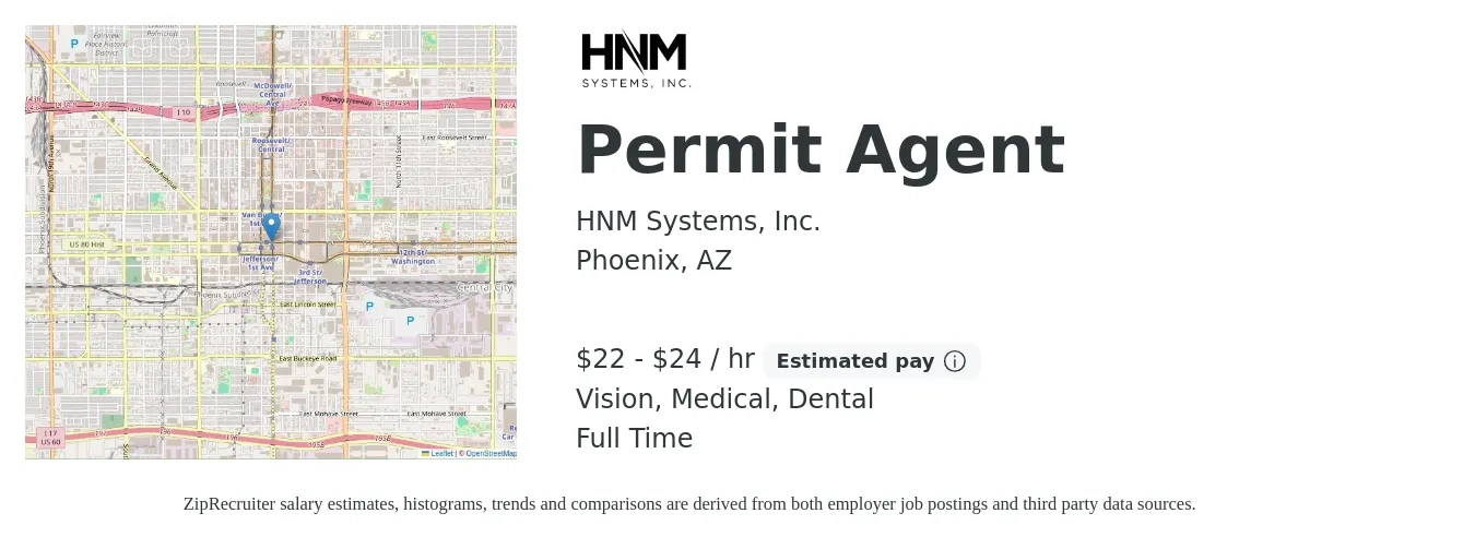 HNM Systems, Inc. job posting for a Permit Agent in Phoenix, AZ with a salary of $23 to $25 Hourly and benefits including retirement, vision, dental, and medical with a map of Phoenix location.