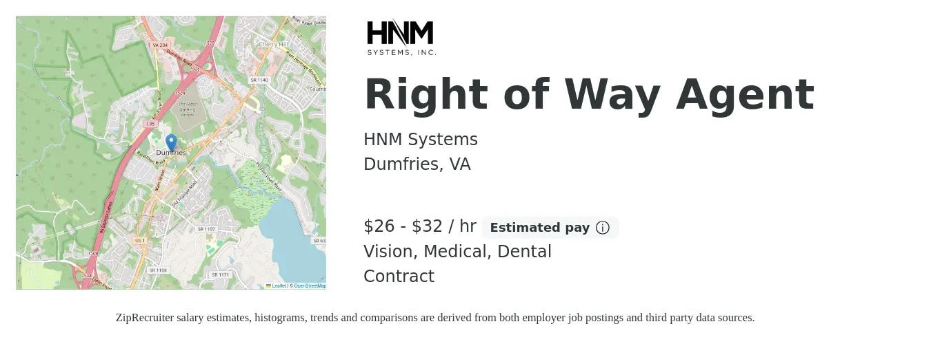 HNM Systems, Inc. job posting for a Right of Way Agent in Dumfries, VA with a salary of $28 to $34 Hourly and benefits including dental, medical, pto, and vision with a map of Dumfries location.