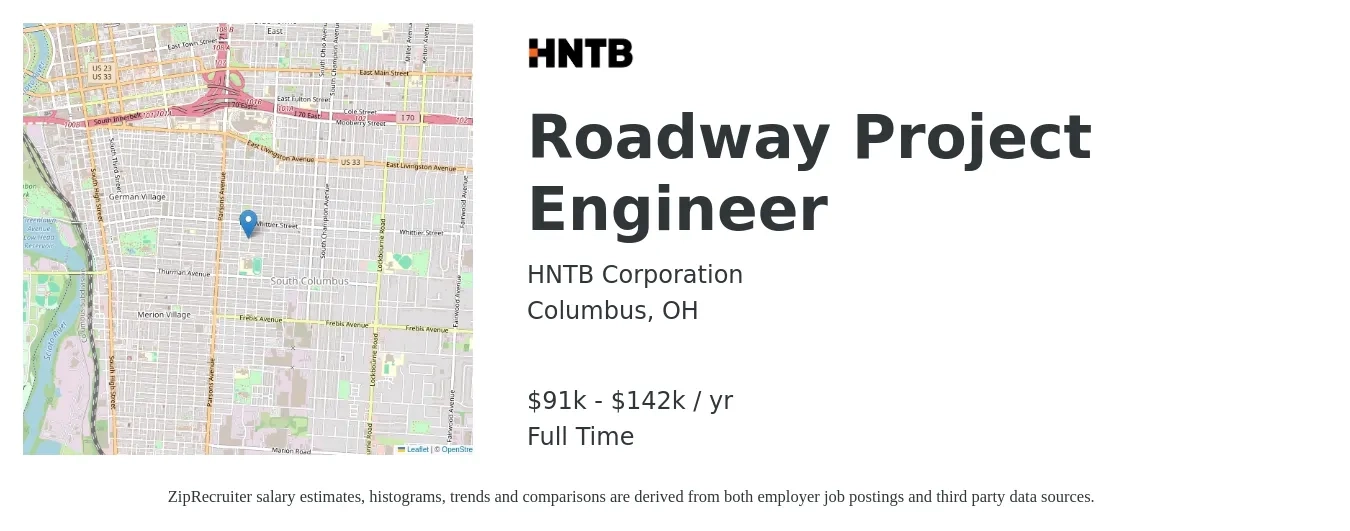 HNTB job posting for a Roadway Project Engineer in Columbus, OH with a salary of $91,366 to $142,906 Yearly with a map of Columbus location.