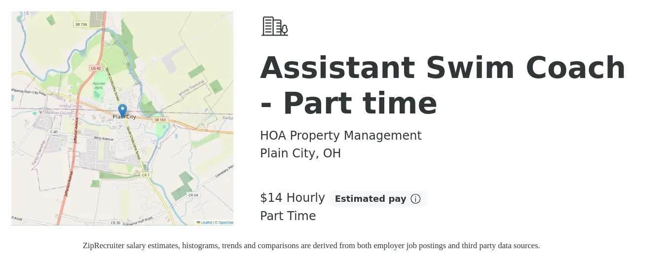 HOA Property Management job posting for a Assistant Swim Coach - Part time in Plain City, OH with a salary of $15 Hourly with a map of Plain City location.