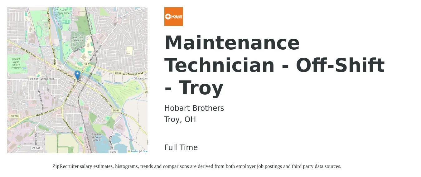 Hobart Brothers job posting for a Maintenance Technician - Off-Shift - Troy in Troy, OH with a salary of $18 to $24 Hourly with a map of Troy location.