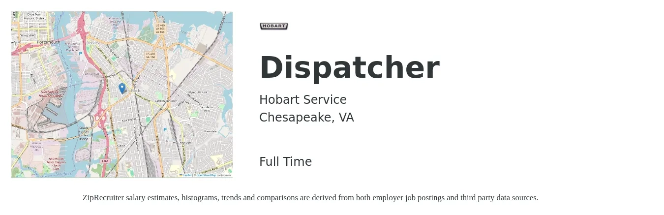 Hobart Service job posting for a Dispatcher in Chesapeake, VA with a salary of $16 to $22 Hourly with a map of Chesapeake location.