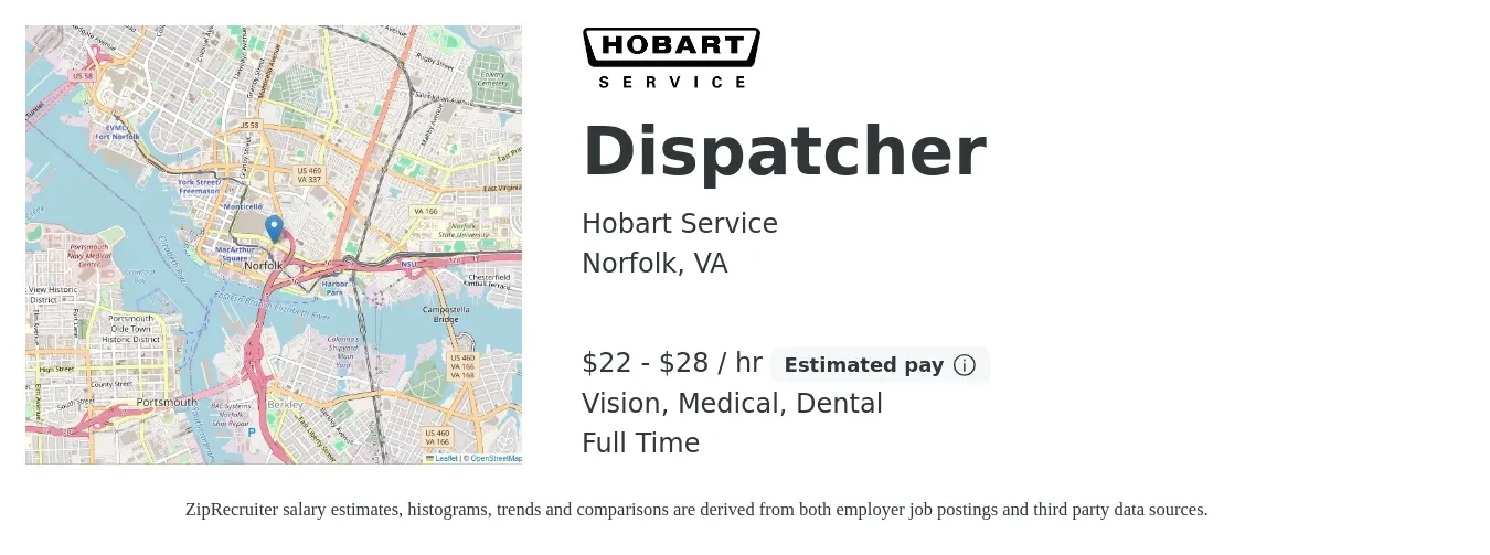 Hobart Service job posting for a Dispatcher in Norfolk, VA with a salary of $23 to $30 Hourly and benefits including dental, life_insurance, medical, retirement, and vision with a map of Norfolk location.