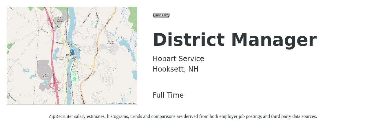 Hobart Service job posting for a District Manager in Hooksett, NH with a salary of $63,800 to $91,000 Yearly with a map of Hooksett location.