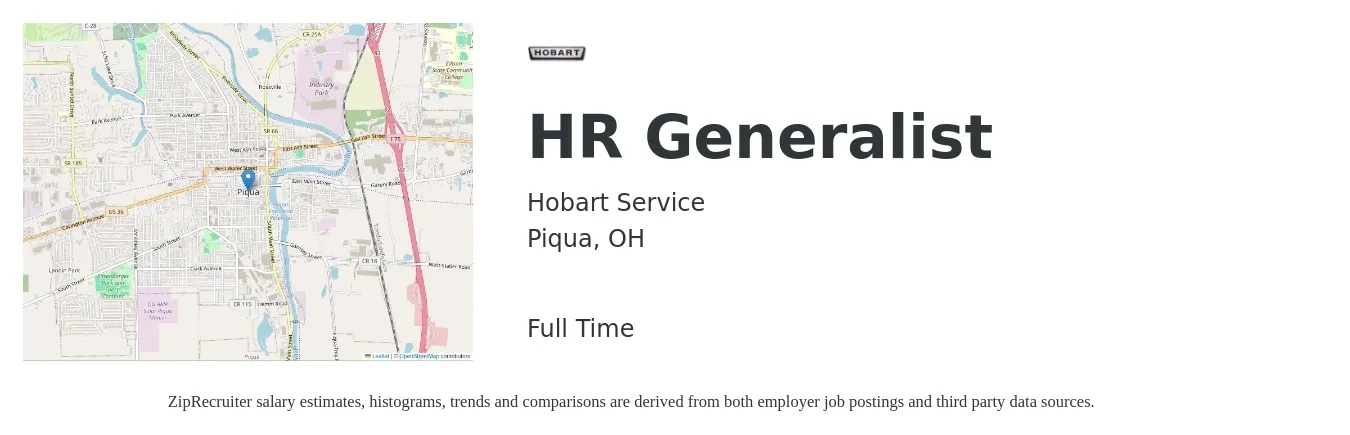 Hobart Service job posting for a HR Generalist in Piqua, OH with a salary of $47,300 to $67,400 Yearly with a map of Piqua location.