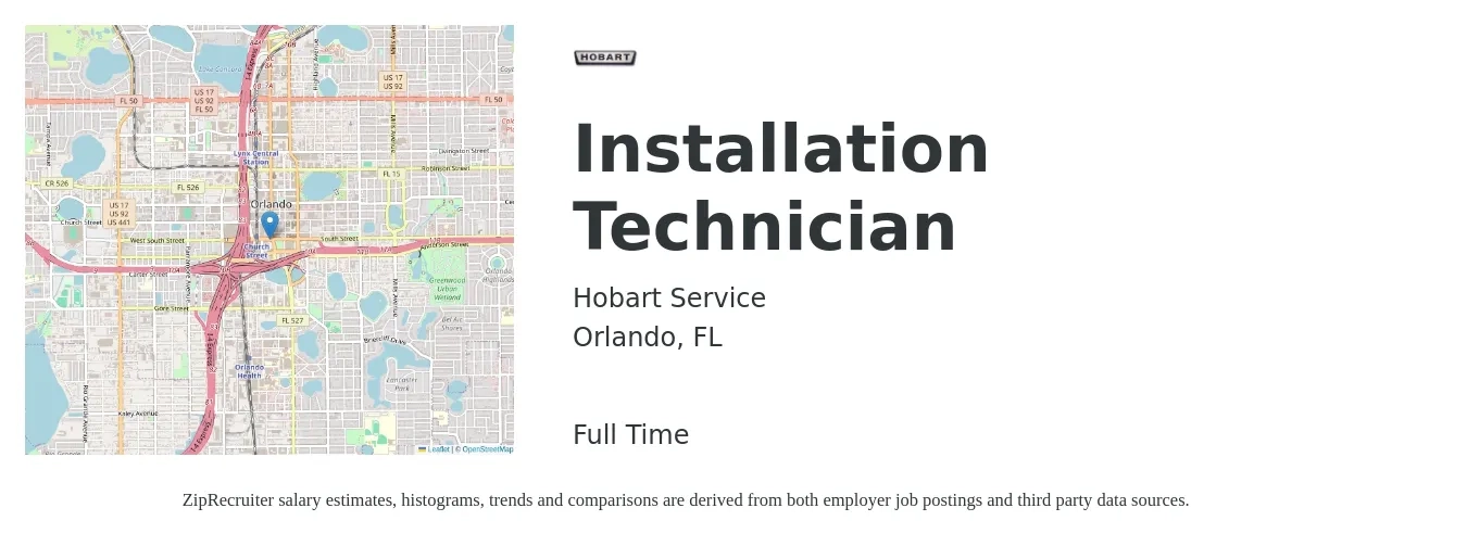 Hobart Service job posting for a Installation Technician in Orlando, FL with a salary of $18 to $24 Hourly with a map of Orlando location.