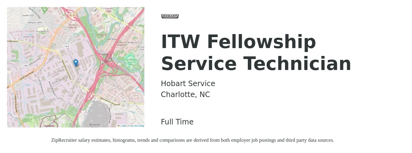 Hobart Service job posting for a ITW Fellowship Service Technician in Charlotte, NC with a salary of $20 to $29 Hourly with a map of Charlotte location.