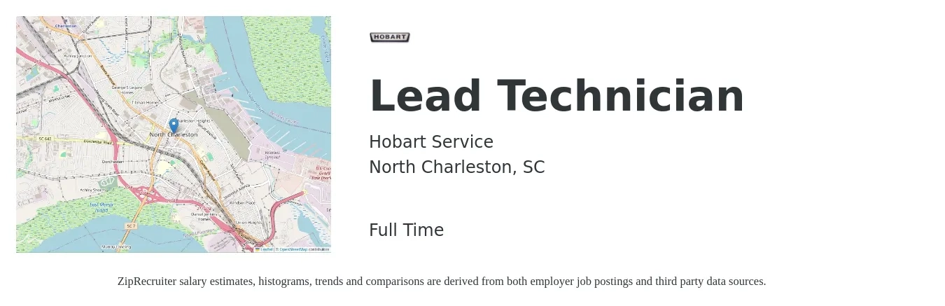 Hobart Service job posting for a Lead Technician in North Charleston, SC with a salary of $42,000 to $54,400 Yearly with a map of North Charleston location.