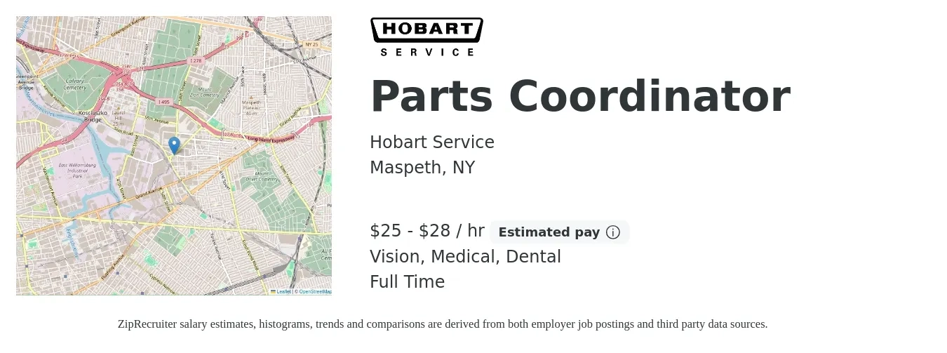 Hobart Service job posting for a Parts Coordinator in Maspeth, NY with a salary of $27 to $29 Hourly and benefits including life_insurance, medical, retirement, vision, and dental with a map of Maspeth location.