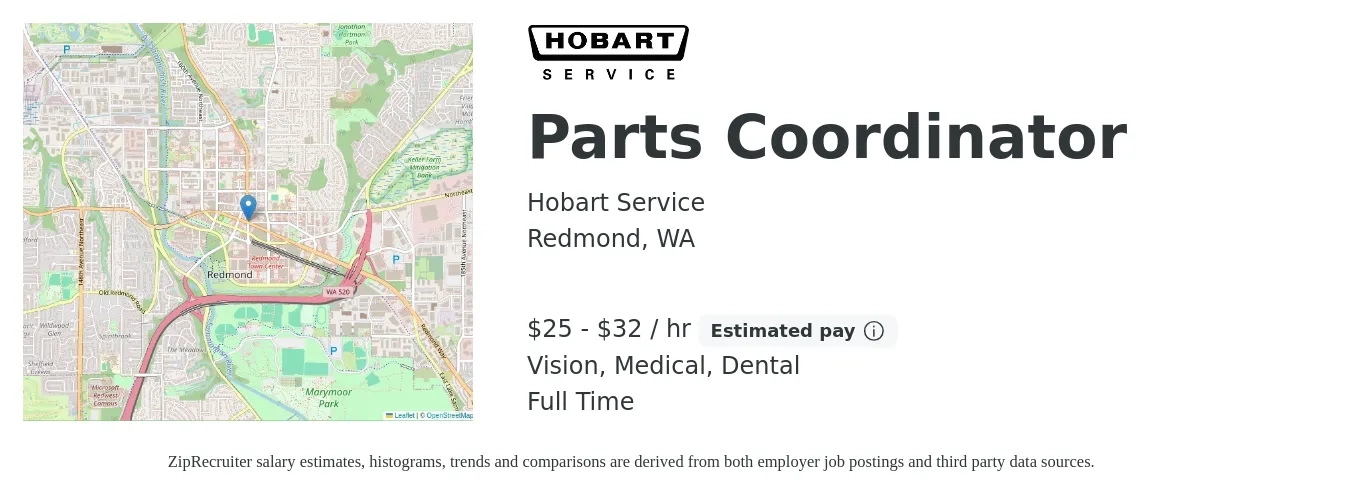 Hobart Service job posting for a Parts Coordinator in Redmond, WA with a salary of $27 to $34 Hourly and benefits including dental, life_insurance, medical, retirement, and vision with a map of Redmond location.