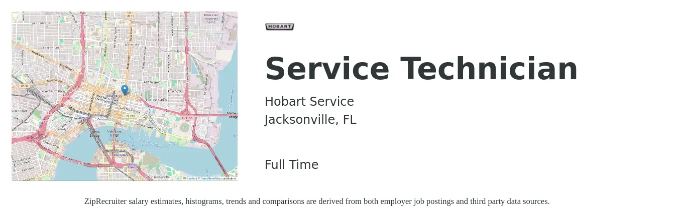 Hobart Service job posting for a Service Technician in Jacksonville, FL with a salary of $18 to $26 Hourly with a map of Jacksonville location.