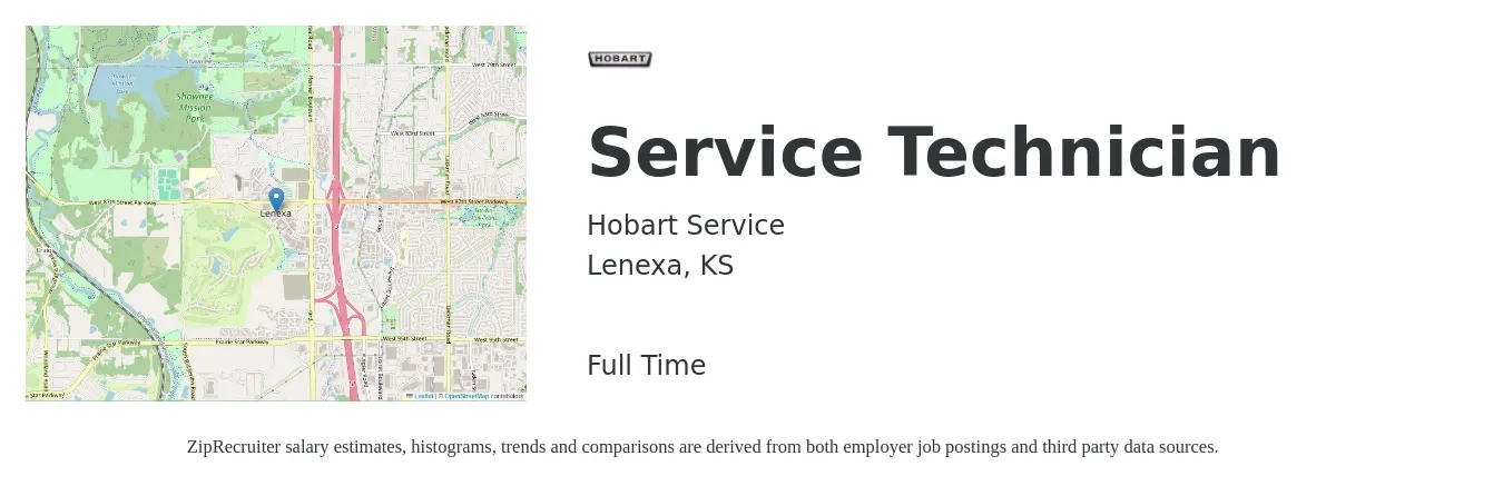 Hobart Service job posting for a Service Technician in Lenexa, KS with a salary of $18 to $25 Hourly with a map of Lenexa location.