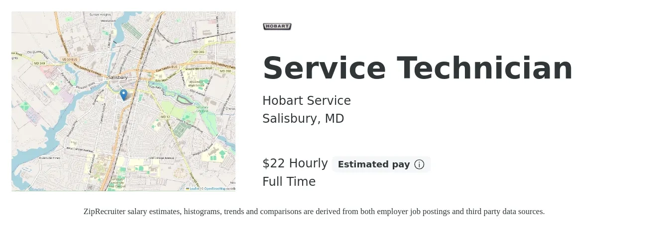 Hobart Service job posting for a Service Technician in Salisbury, MD with a salary of $20 to $28 Hourly with a map of Salisbury location.
