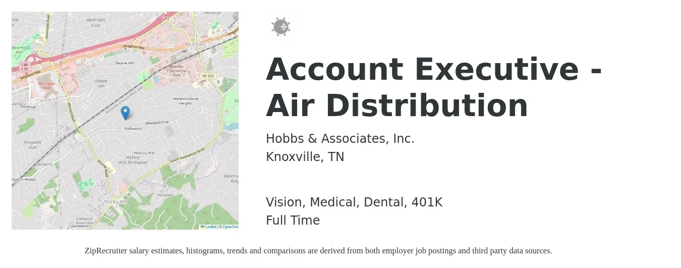 Hobbs & Associates, Inc. job posting for a Account Executive - Air Distribution in Knoxville, TN with a salary of $51,500 to $90,700 Yearly and benefits including 401k, dental, life_insurance, medical, and vision with a map of Knoxville location.