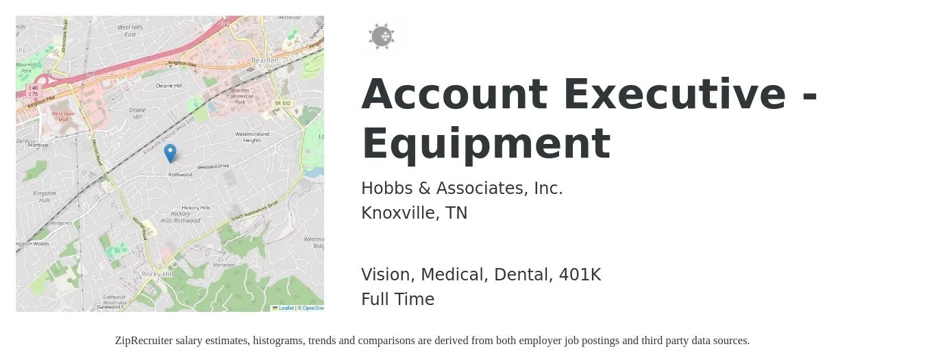 Hobbs & Associates, Inc. job posting for a Account Executive - Equipment in Knoxville, TN with a salary of $51,500 to $90,700 Yearly and benefits including medical, vision, 401k, dental, and life_insurance with a map of Knoxville location.