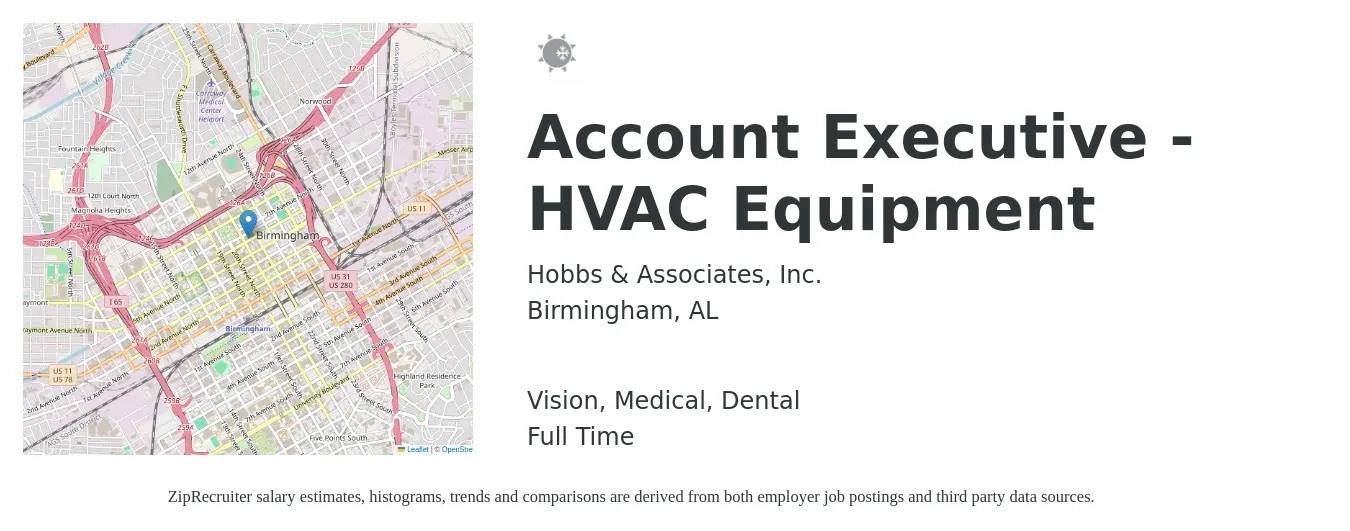 Hobbs & Associates, Inc. job posting for a Account Executive - HVAC Equipment in Birmingham, AL with a salary of $50,600 to $89,000 Yearly and benefits including retirement, vision, dental, life_insurance, and medical with a map of Birmingham location.