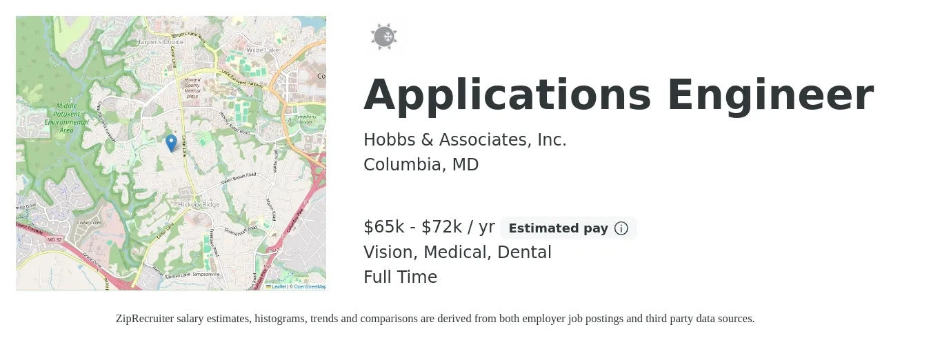 Hobbs & Associates, Inc. job posting for a Applications Engineer in Columbia, MD with a salary of $65,000 to $72,000 Yearly and benefits including medical, pto, retirement, vision, dental, and life_insurance with a map of Columbia location.