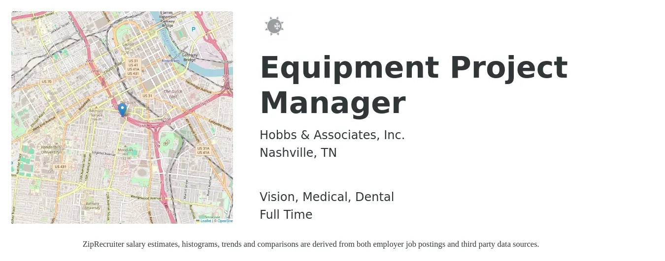 Hobbs & Associates, Inc. job posting for a Equipment Project Manager in Nashville, TN with a salary of $75,800 to $118,800 Yearly and benefits including dental, life_insurance, medical, pto, retirement, and vision with a map of Nashville location.