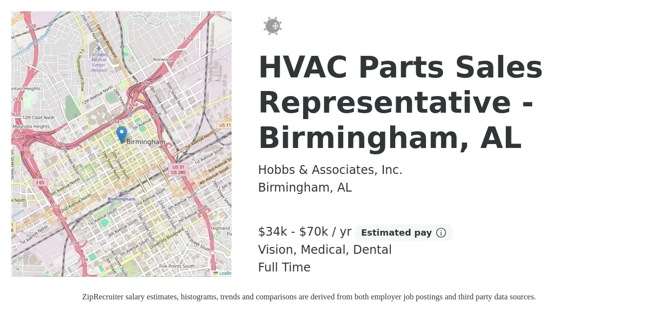 Hobbs & Associates, Inc. job posting for a HVAC Parts Sales Representative - Birmingham, AL in Birmingham, AL with a salary of $34,000 to $70,000 Yearly and benefits including medical, pto, retirement, vision, dental, and life_insurance with a map of Birmingham location.