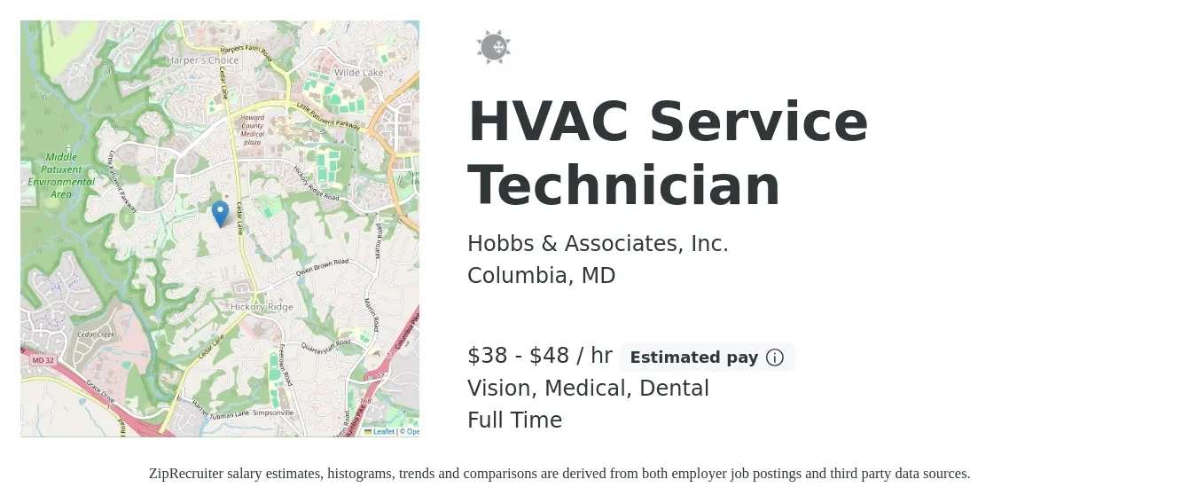 Hobbs & Associates, Inc. job posting for a HVAC Service Technician in Columbia, MD with a salary of $40 to $50 Hourly and benefits including medical, pto, retirement, vision, dental, and life_insurance with a map of Columbia location.