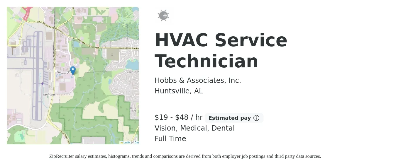Hobbs & Associates, Inc. job posting for a HVAC Service Technician in Huntsville, AL with a salary of $20 to $50 Hourly and benefits including retirement, vision, dental, life_insurance, medical, and pto with a map of Huntsville location.