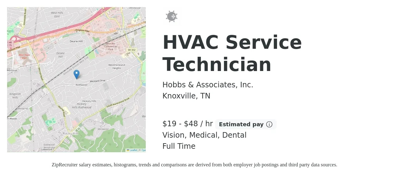 Hobbs & Associates, Inc. job posting for a HVAC Service Technician in Knoxville, TN with a salary of $20 to $50 Hourly and benefits including dental, life_insurance, medical, pto, retirement, and vision with a map of Knoxville location.