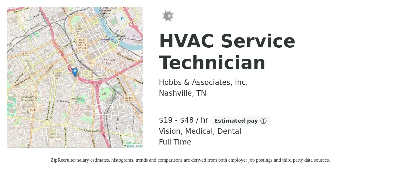 Hobbs & Associates, Inc. job posting for a HVAC Service Technician in Nashville, TN with a salary of $20 to $50 Hourly and benefits including dental, life_insurance, medical, pto, retirement, and vision with a map of Nashville location.