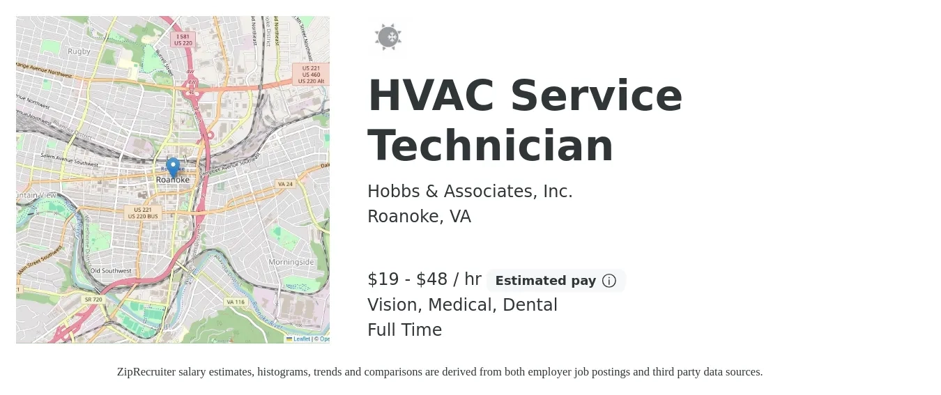 Hobbs & Associates, Inc. job posting for a HVAC Service Technician in Roanoke, VA with a salary of $20 to $50 Hourly and benefits including dental, life_insurance, medical, pto, retirement, and vision with a map of Roanoke location.