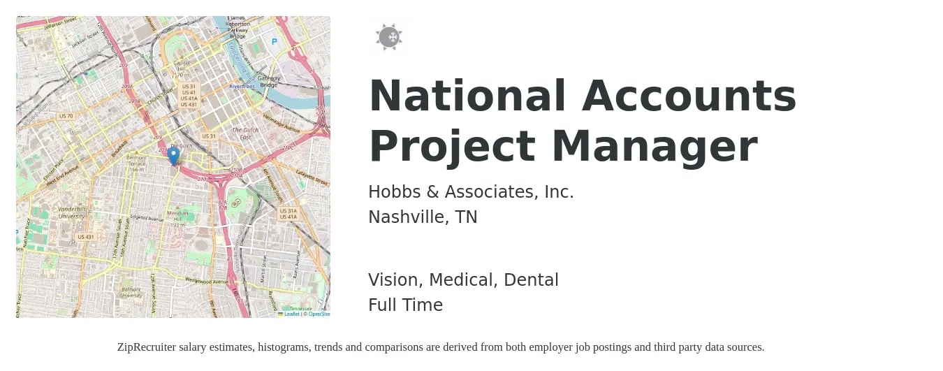 Hobbs & Associates, Inc. job posting for a National Accounts Project Manager in Nashville, TN with a salary of $75,800 to $118,800 Yearly and benefits including pto, retirement, vision, dental, life_insurance, and medical with a map of Nashville location.